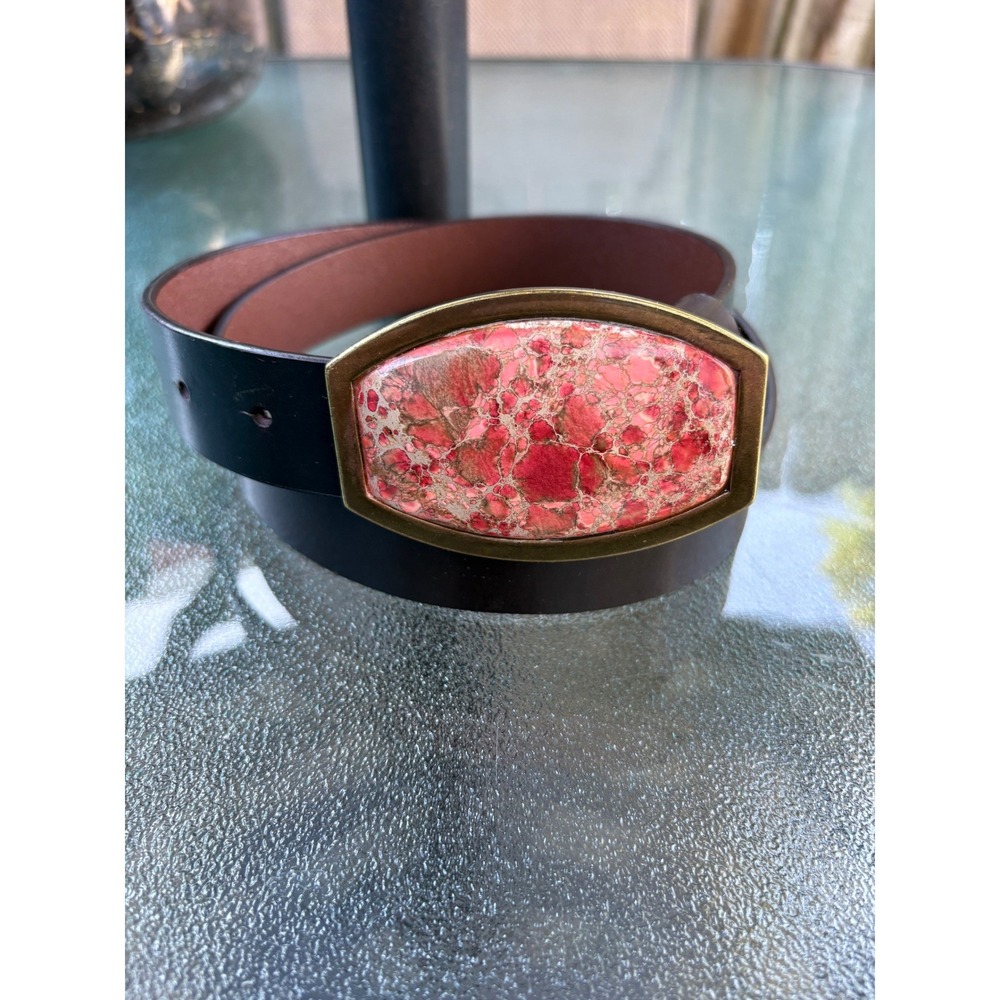 Coldwater Creek Womens Brown Leather Belt Pink Stone Buckle Small Western Boho